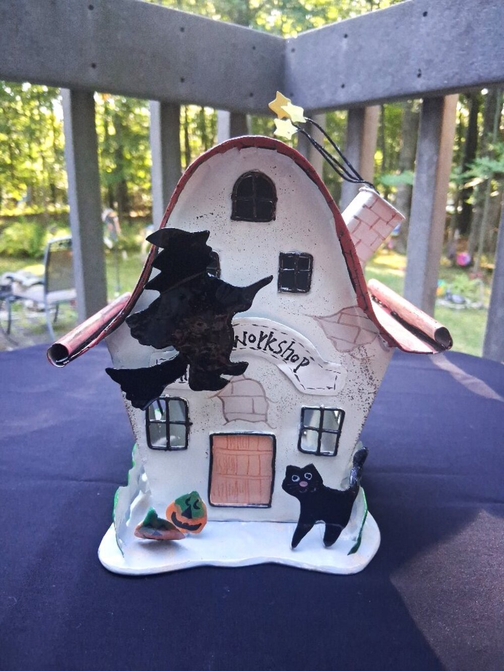 Vintage Halloween Tin Witch Workshop Haunted House Tea Light Votive Candle Holde
